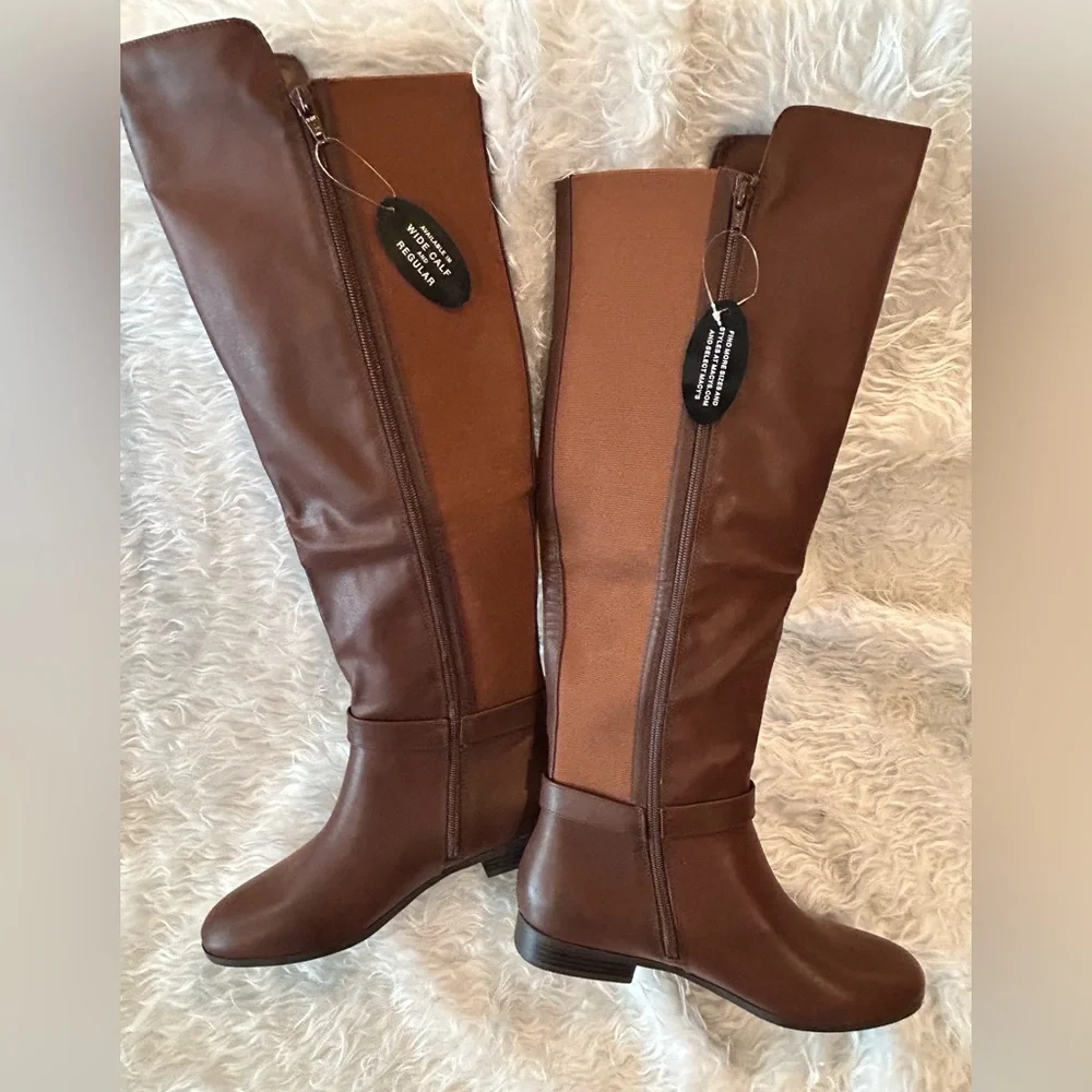 NWT Over-The-Knee Boots Two Tone Stretch Fit Round Toe Buckle Accent Size 9.5